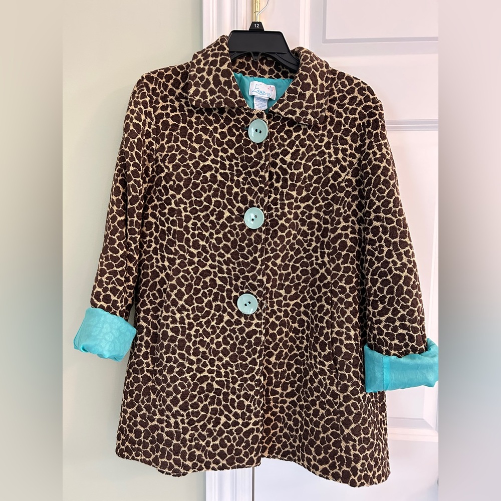 Brown Leopard Print Pea Coat with Turquoise Blue Buttons